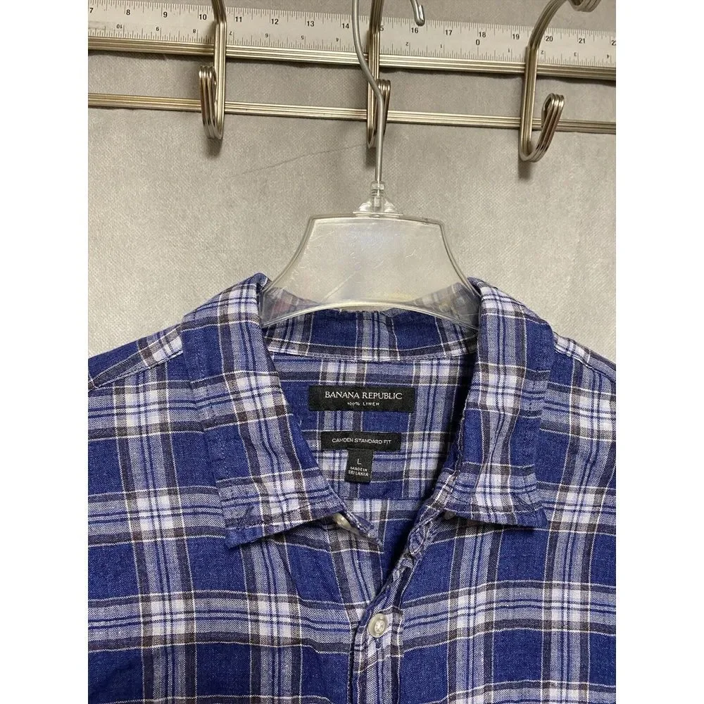 Banana Republic Shirt Men L Blue‎ Plaid Linen Button Up Camden Standard Casual